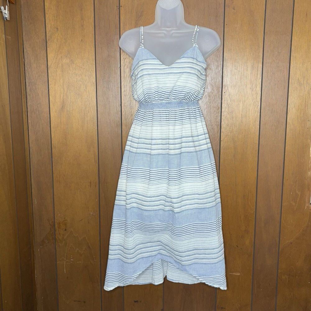 Line & Dot Dress Women Small White Blue Striped High Low Midi Cottagecore Boho
